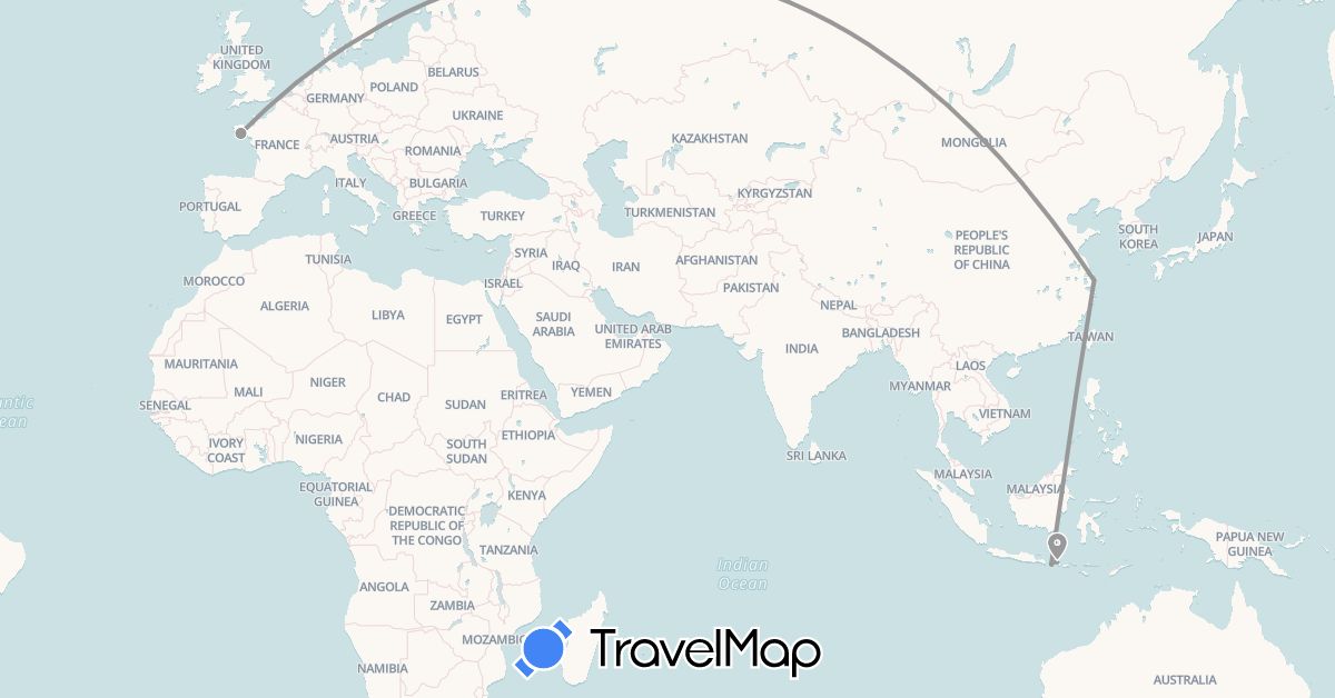 TravelMap itinerary: driving, plane in China, France, Indonesia (Asia, Europe)